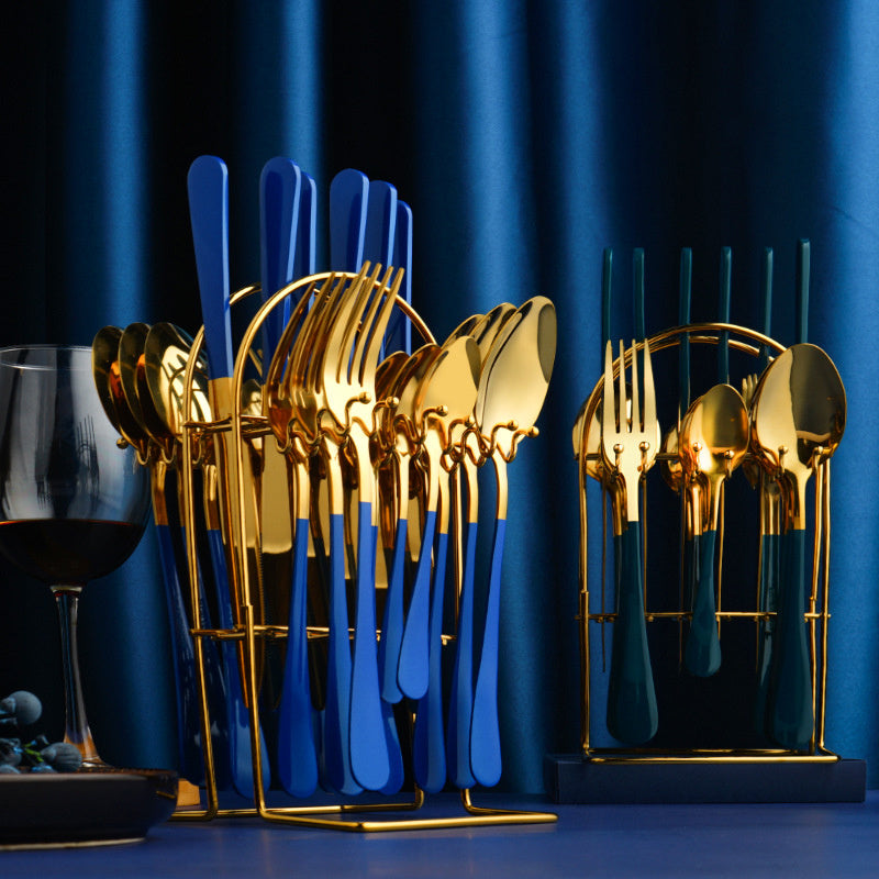 Elevate your dining experience with our Luxury Cutlery Set with Storage Rack, a sophisticated addition to any kitchen. This premium cutlery set includes a complete assortment of high-quality utensils, designed for both style and functionality