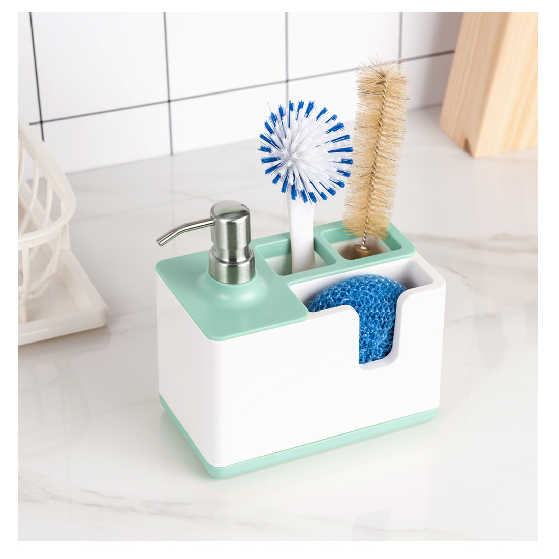 Keep your kitchen tidy and efficient with our Kitchen Cleaning Utensils Storage Soap Dispenser. This multi-functional tool combines a convenient soap dispenser with ample storage space for your cleaning utensils, making dishwashing and kitchen cleanup a breeze. Designed to hold sponges, scrubbers, and brushes, this organizer ensures that your essentials are always within reach