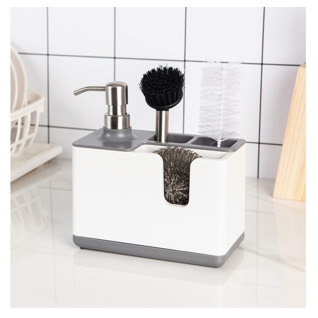 Keep your kitchen tidy and efficient with our Kitchen Cleaning Utensils Storage Soap Dispenser. This multi-functional tool combines a convenient soap dispenser with ample storage space for your cleaning utensils, making dishwashing and kitchen cleanup a breeze. Designed to hold sponges, scrubbers, and brushes, this organizer ensures that your essentials are always within reach