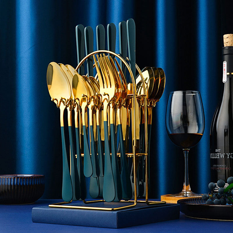 Elevate your dining experience with our Luxury Cutlery Set with Storage Rack, a sophisticated addition to any kitchen. This premium cutlery set includes a complete assortment of high-quality utensils, designed for both style and functionality