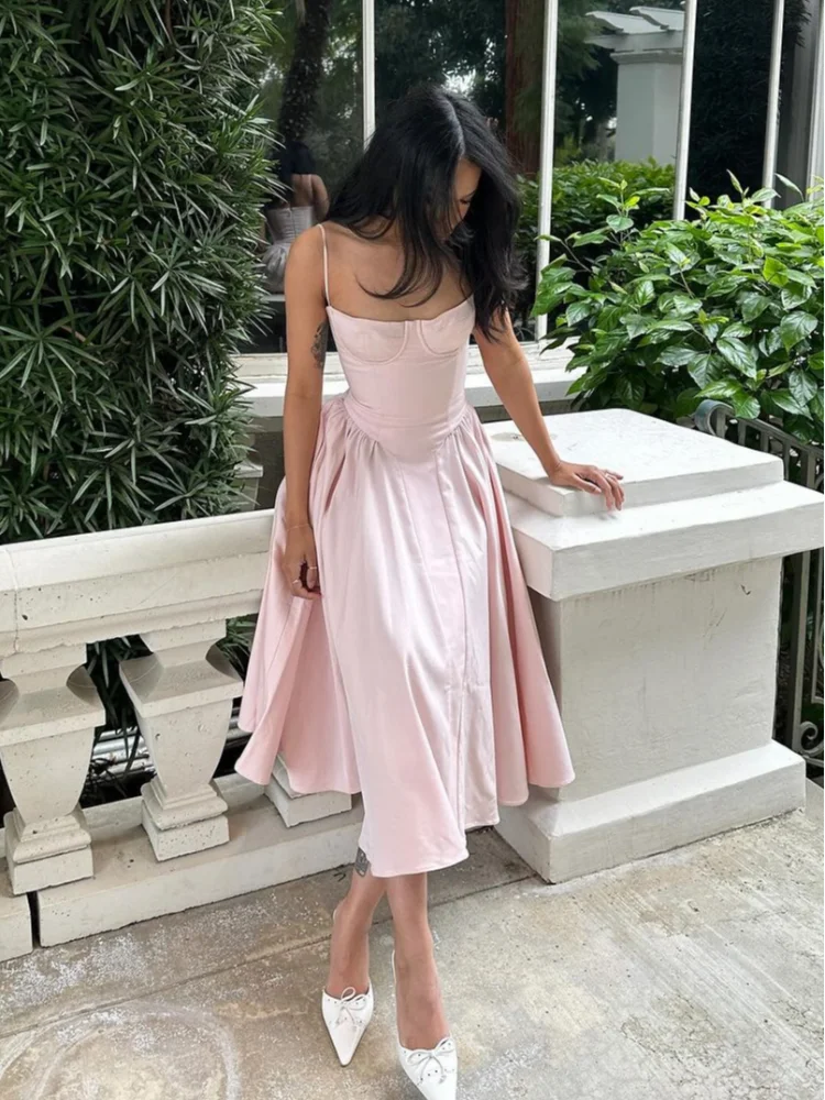 Pleated Sling Dress Chic Backless Gown