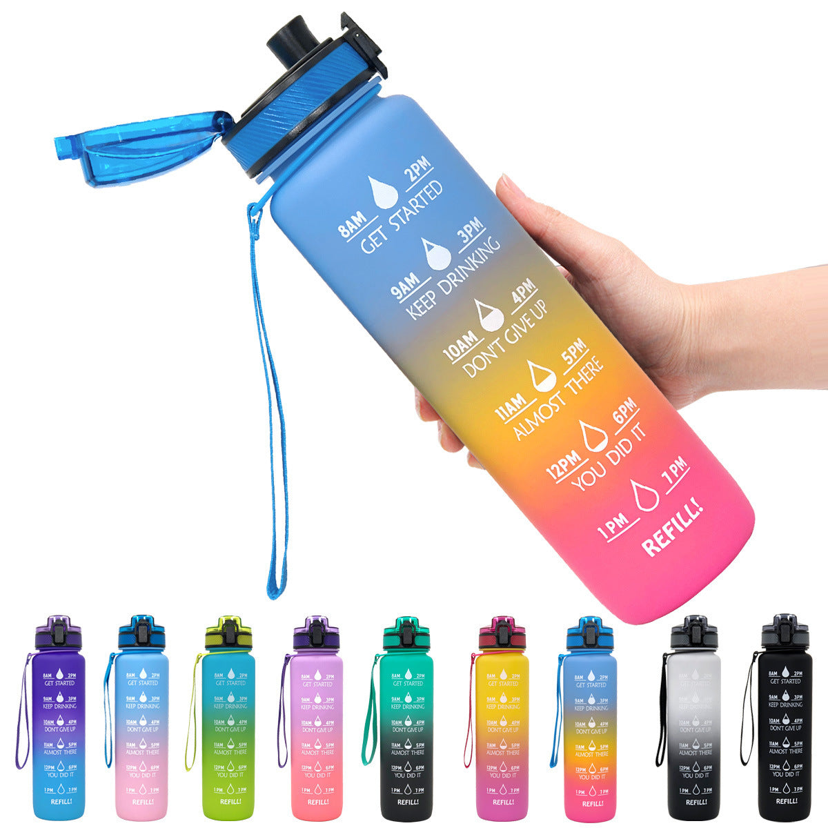 his high-quality drink reminder water bottle is specially made with inspirational quotes and time markers to remind you to boost your daily water intake.